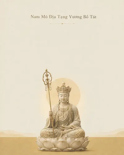 Crowned Kṣitigarbha Bodhisattva seated on a lotus holding a ringed staff, small against a pale rising sun and an empty sand-coloured horizon.