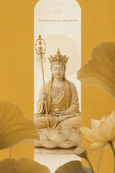 Crowned Kṣitigarbha Bodhisattva seated on a lotus in a tall narrow panel, against a saffron-yellow background with pale lotus flowers and leaves.
