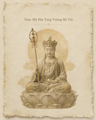 Crowned Kṣitigarbha Bodhisattva seated on a lotus holding a ringed staff, printed on aged parchment with rough torn edges.