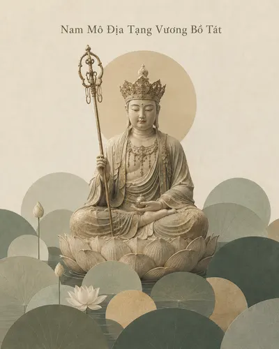 Crowned Kṣitigarbha Bodhisattva seated on a lotus above a stylised pond of round sage-green and grey lily pads with a white lotus flower.