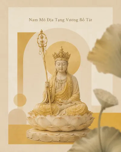 Crowned Kṣitigarbha Bodhisattva seated on a lotus pedestal holding a ringed staff, against overlapping golden arch shapes with a lotus leaf and seed pod.