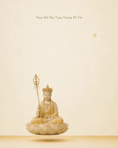 Small crowned figure of Kṣitigarbha Bodhisattva seated on a lotus holding a ringed staff, low in a large empty cream field with a faint sun above.