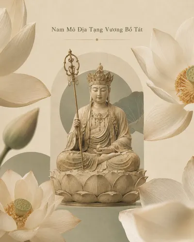 Crowned Kṣitigarbha Bodhisattva seated on a lotus pedestal holding a ringed staff, surrounded by large open white lotus flowers and buds.