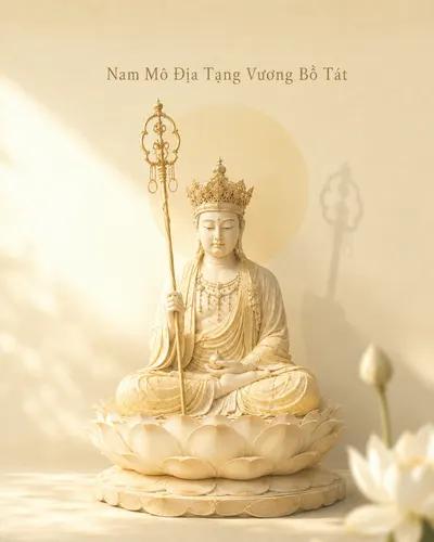 Crowned Kṣitigarbha Bodhisattva seated on a lotus pedestal in warm morning sunlight, the ringed staff casting a shadow on the wall, a white lotus flower nearby.
