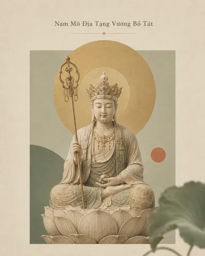 Crowned Kṣitigarbha Bodhisattva seated on a lotus, holding a ringed staff, before a gold halo, a green hill and a small red sun.